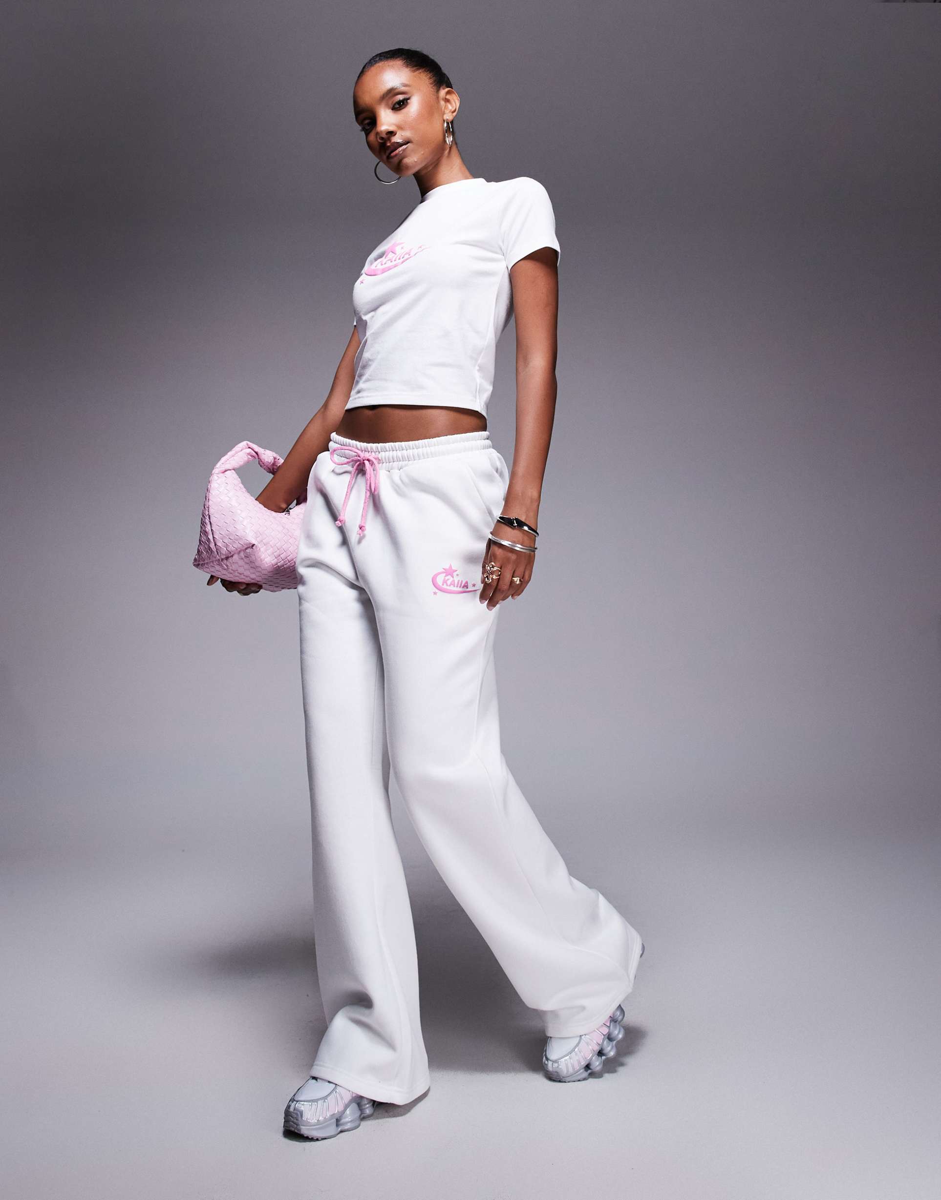 kaiia cotton rich wide leg sweatpants with contrast drawstring in white and pink - part of a set