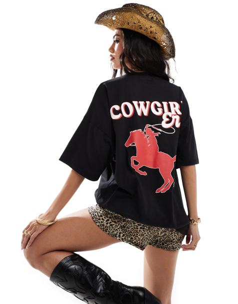 Kaiia cowgirl era logo back print oversized t-shirt in black - view 1