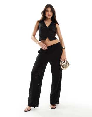 crochet drawstring wide leg pants in black - part of a set