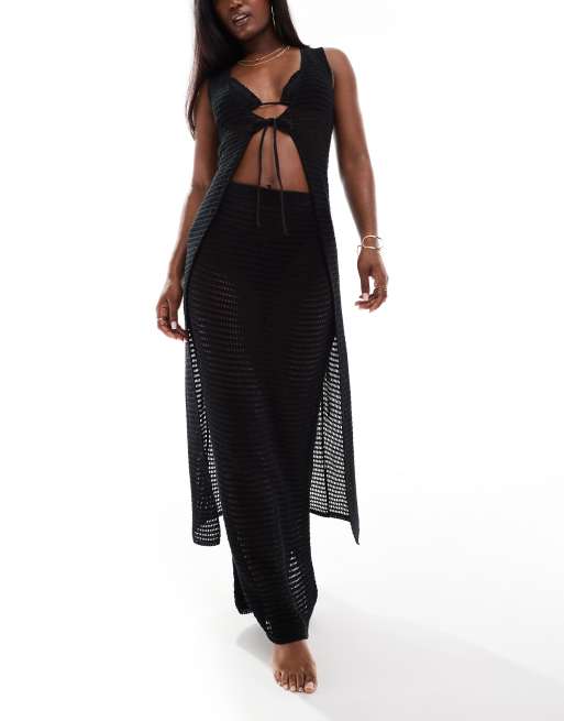 Kaiia crochet knit tie front maxi top in black (part of a set)