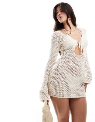 crochet knit tie front mini beach dress in cream-Neutral