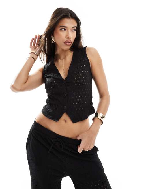 Kaiia crochet knit waistcoat in black (part of a set)