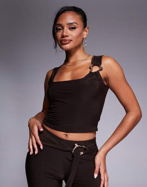 Kaiia - Crop top sinuoso color cioccolato con scollo squadrato e dettaglio in metallo oro in coordinato - view 1