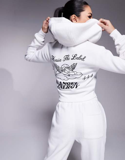 Kaiia - Cropped hoodie met rits en print in wit, deel van co-ord set