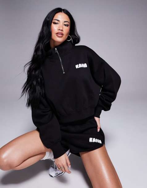 Kaiia - Cropped hoodie van katoenmix met korte rits en bolle logoprint in zwart en wit - view 1