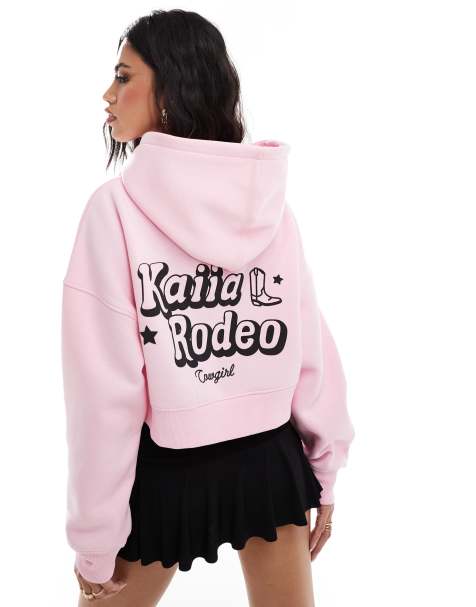 Kaiia - Cropped hoodie van katoenmix met Rodeo-print en bol logo in roze - view 1