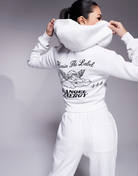 Kaiia – Cropped Kapuzenjacke in Weiß mit „Angel Energy“- und Engelprint auf dem Rücken, Kombiteil - view 1