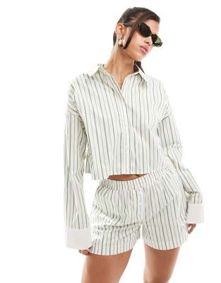 Shop Kaiia Cropped Shirt In White And Green Stripe - Part Of A Set-multi