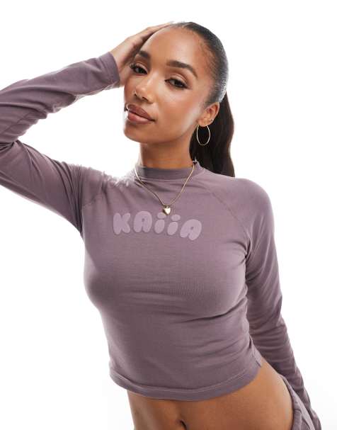 Kaiia - Cropped top met lange mouwen en bubbellogo in paars, deel van co-ord set - view 1