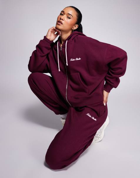 Kaiia cuffed jogger & oversized cherry back print zip up hoodie co-ord in burgundy and pink - view 1