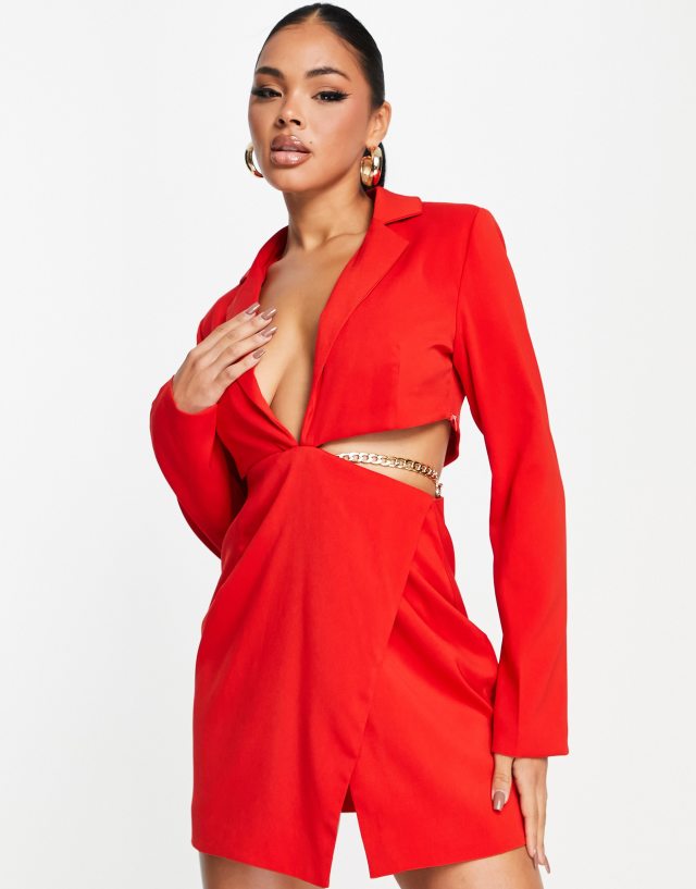 Kaiia cut out blazer dress with chain detail waist in red