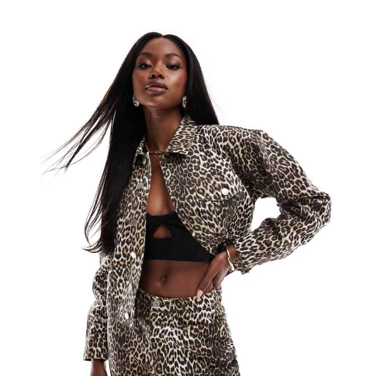 Kaiia denim boxy cropped jacket in leopard -set | ASOS