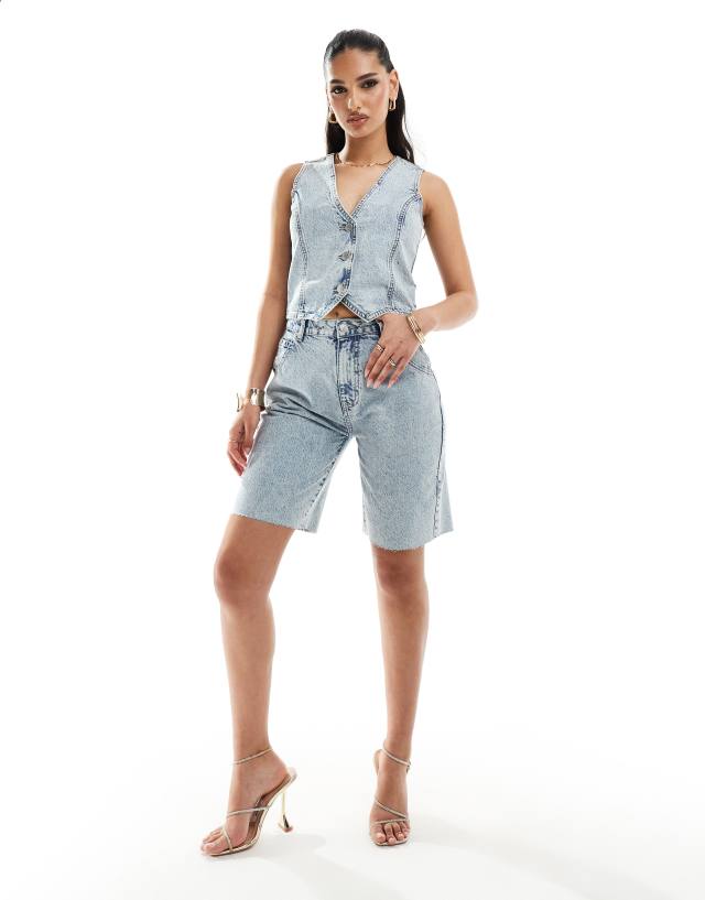 Kaiia - denim longline shorts co-ord in blue acid wash