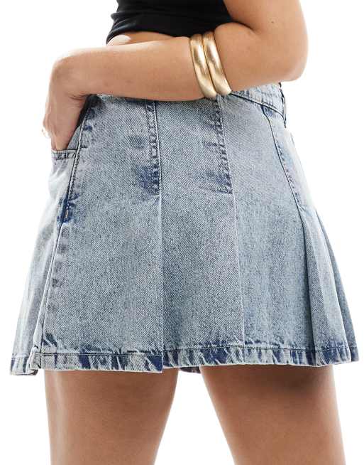 Kaiia denim pleated mini skirt in blue acid wash, 4 of 5