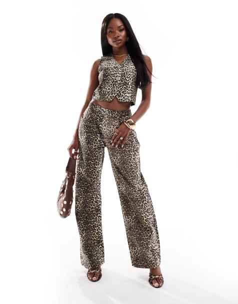 Kaiia denim waistcoat, wide leg jeans, maxi skirt and jacket set in leopard - view 1