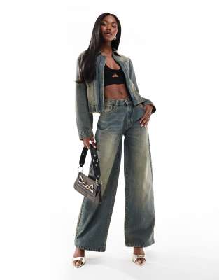 denim wide leg jeans in dark blue bleach wash - part of a set