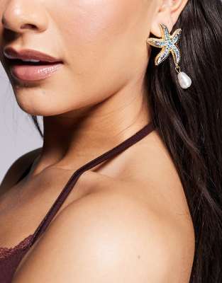 diamante starfish pearl drop earrings in gold