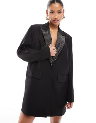 Kaiia Diamante Trim Mini Blazer Dress In Black
