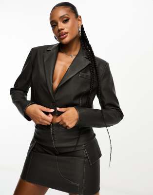 Kaiia distressed leather look cropped blazer in brown (part of a set)