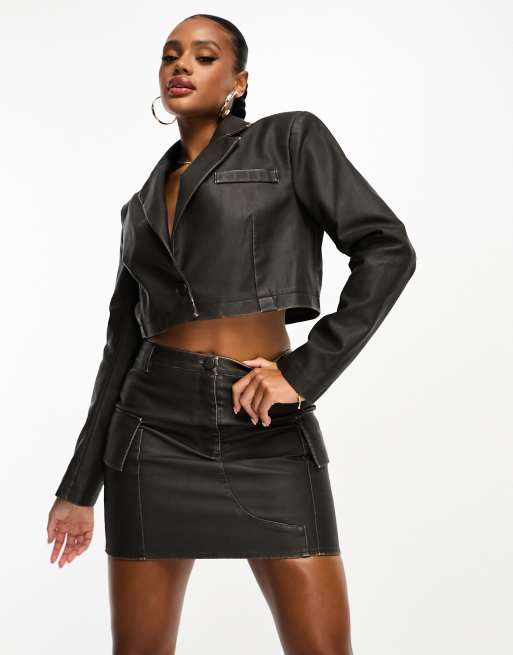 Kaiia distressed leather look pocket detail mini skirt co ord in