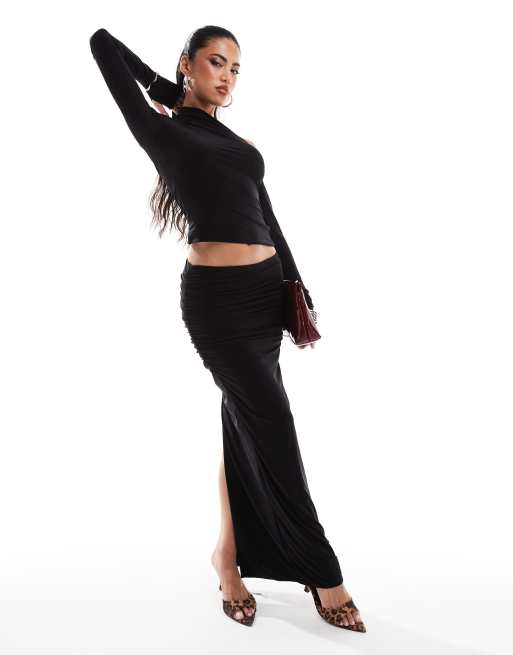 Kaiia double layered slinky column maxi skirt in black (part of a set) 