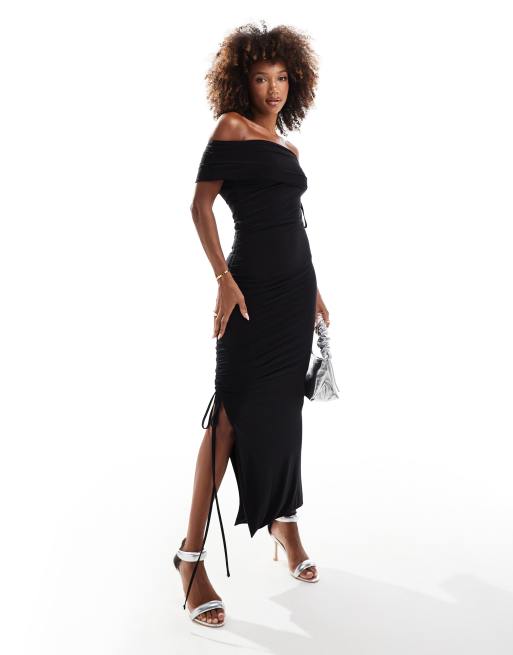 Kaiia double layered slinky fold detail off shoulder maxi dress in black 