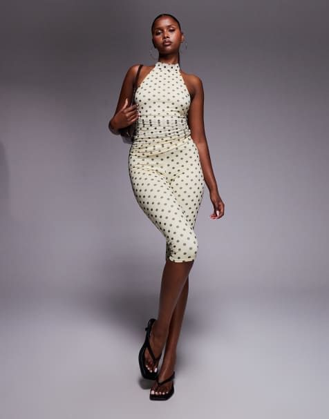 Kaiia double layered slinky mesh foldover waist capri trouser & halterneck top co-ord in lemon and black polka dot - view 1