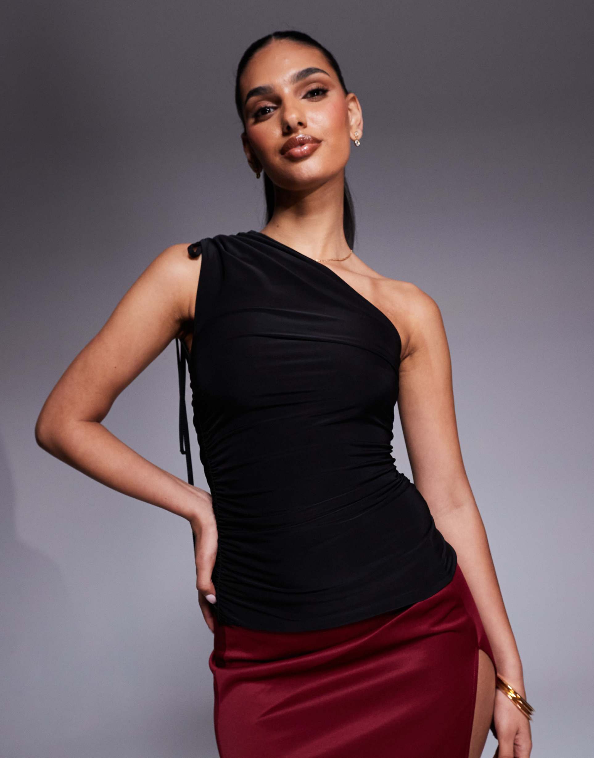 kaiia double layered slinky tie one shoulder top in black