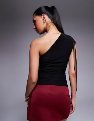 Shop Kaiia Double Layered Slinky Tie One Shoulder Top In Black