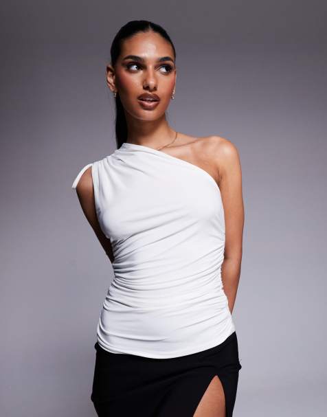 Kaiia double layered slinky tie one shoulder top in white - view 1