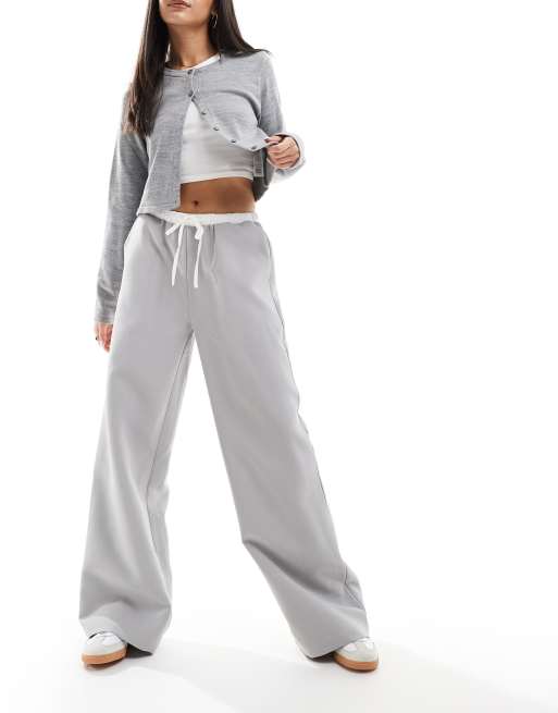 Kaiia drawstring contrast waist wide leg pants in gray