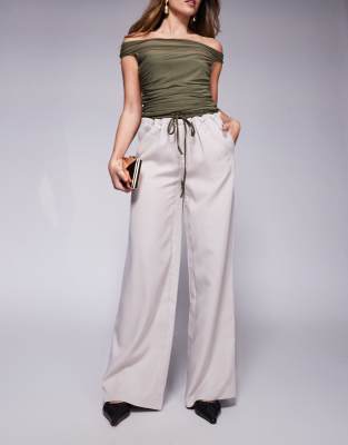 drawstring contrast waistband wide leg pants in stone-Neutral