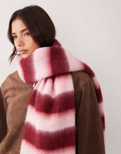 Kaiia écharpe exclusive à franges à rayures bordeaux et rose clair, 2 de 3