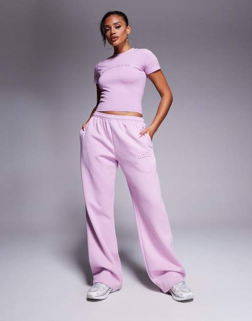 Kaiia embossed hoodie, wide leg sweatpants, shorts and baby tee mix and match in Parma violet