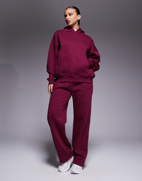 Kaiia embossed logo oversized hoodie and wide leg jogger co-ord in burgundy - view 1