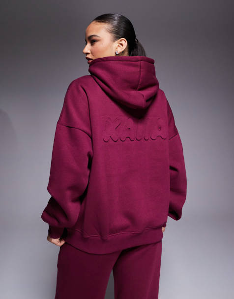 Kaiia embossed logo oversized hoodie in burgundy - part of a set - view 1