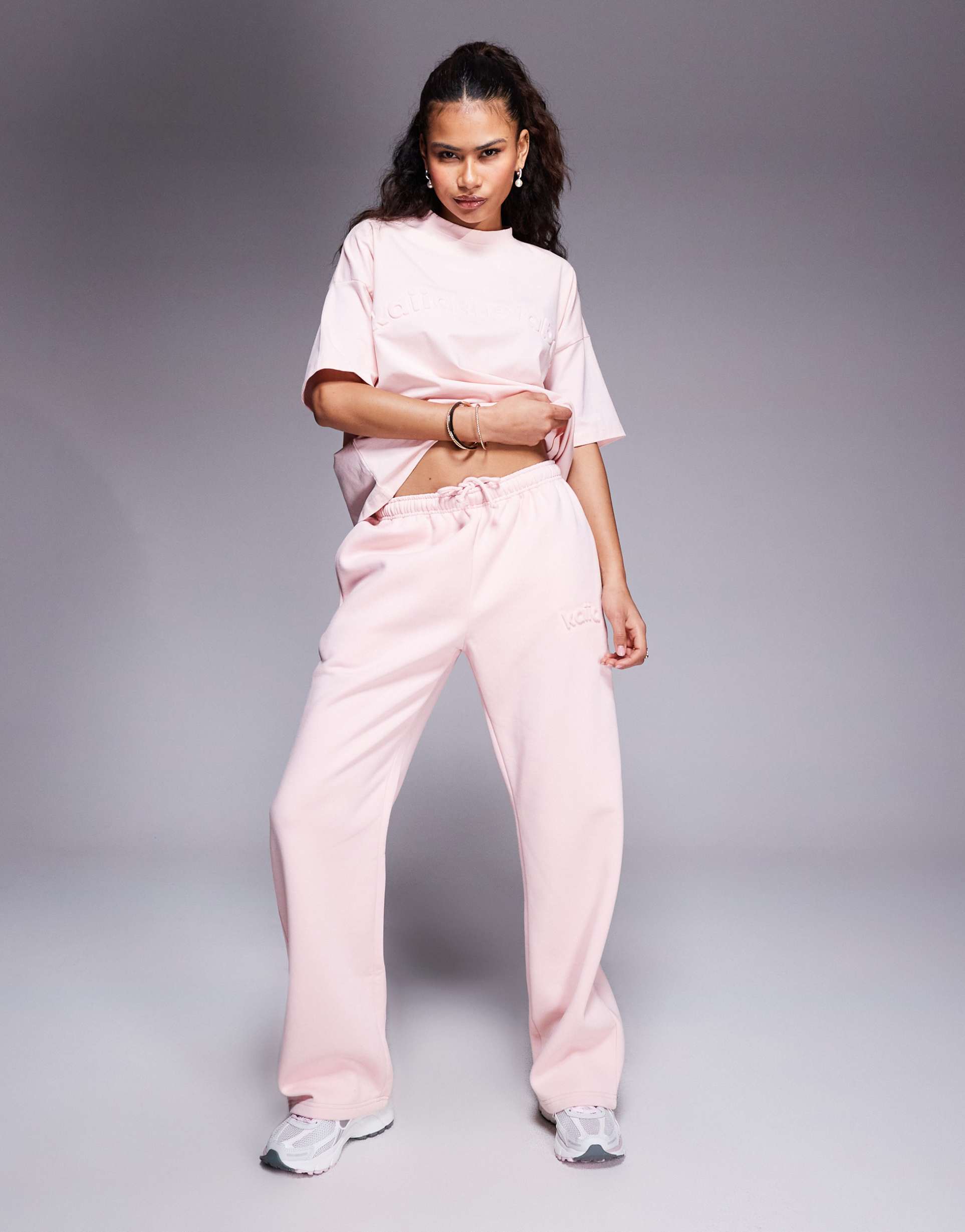 kaiia embossed logo wide leg sweatpants in soft pink - part of a set