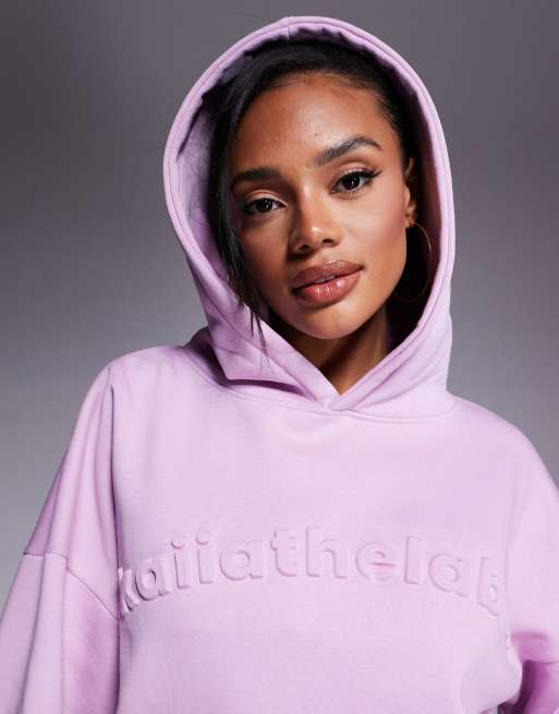 Kaiia embossed oversized hoodie co-ord in parma violet, 3 of 4