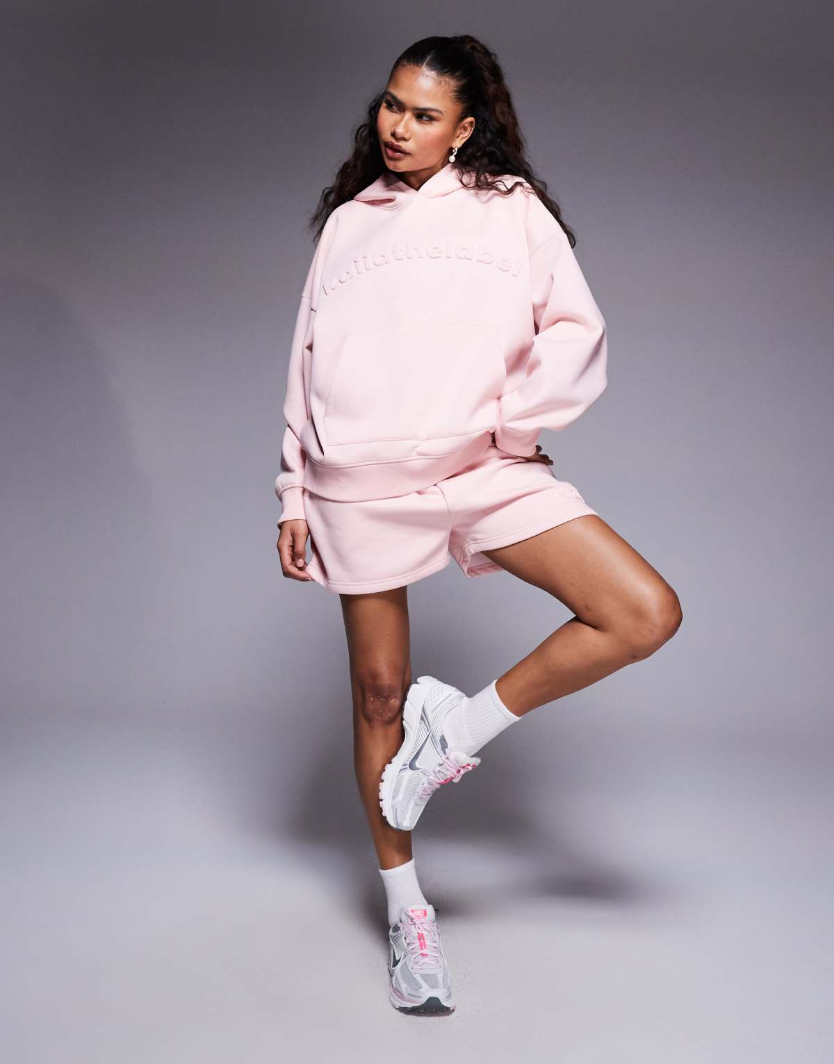 Kaiia embossed oversized hoodie co-ord in soft pink