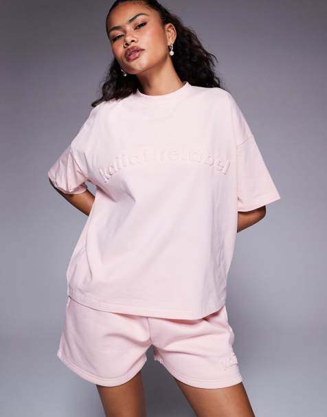 Kaiia embossed oversized t-shirt co-ord in soft pink - view 1