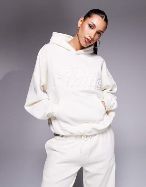 Kaiia embossed script logo oversized hoodie in buttercream (part of a set) - view 1