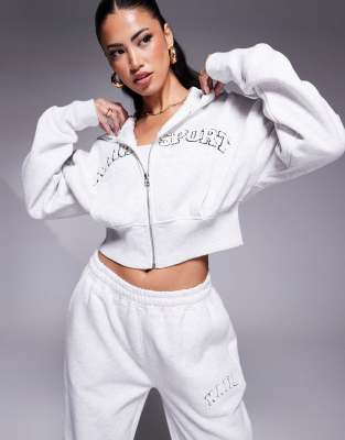 Kaiia Embroidered Borg Logo Cropped Zip Through Hoodie In Light Gray Heather And White - Part Of A Set