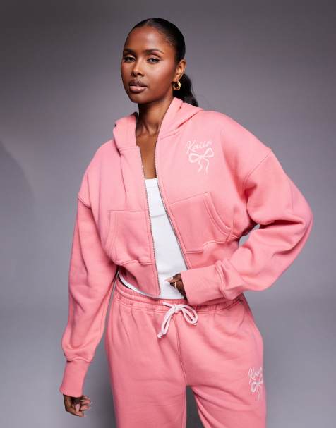 Kaiia embroidered bow logo cropped zip through hoodie co-ord in coral and baby pink - view 1