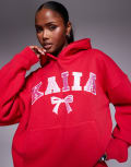 [Kaiia] Kaiia embroidered bow logo oversized hoodie in red and pink (Part of a set) 18 Red And Pink