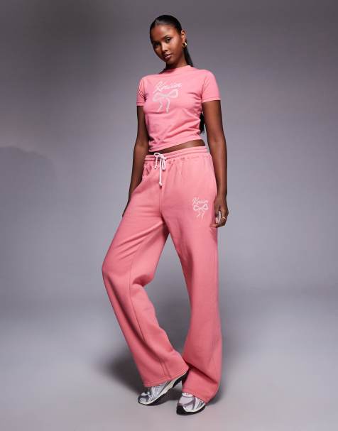 Kaiia embroidered bow logo wide leg joggers co-ord in coral and baby pink - view 1