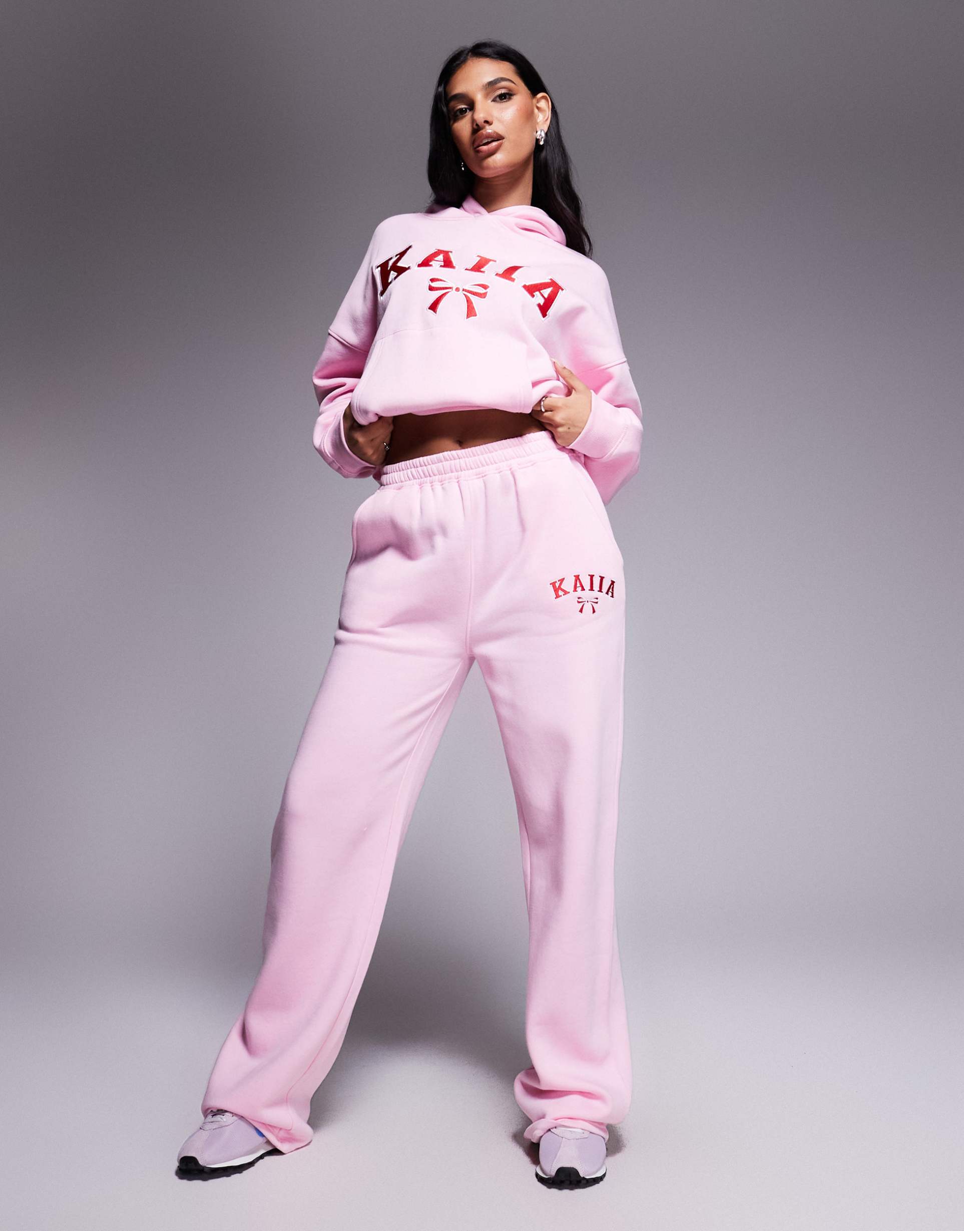 kaiia embroidered bow logo wide leg sweatpants in pink and red - part of a set