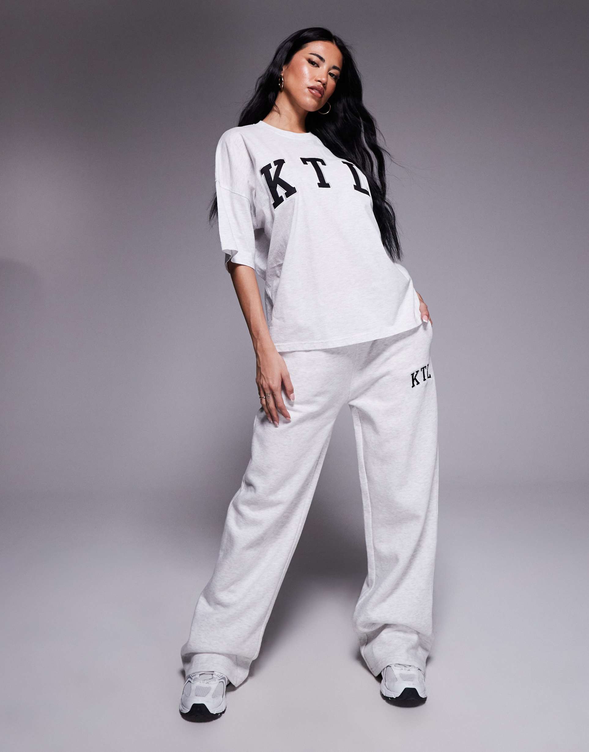 kaiia embroidered ktl logo wide leg sweatpants in light heather gray - part of a set