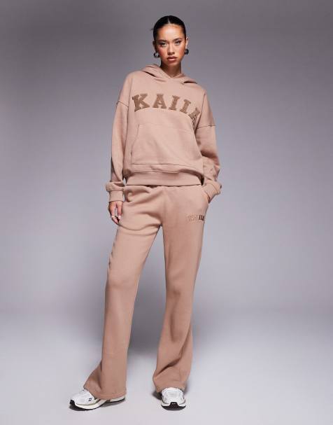 Kaiia embroidered logo baby tee, hoodie and wide leg trackies set in espresso - view 1