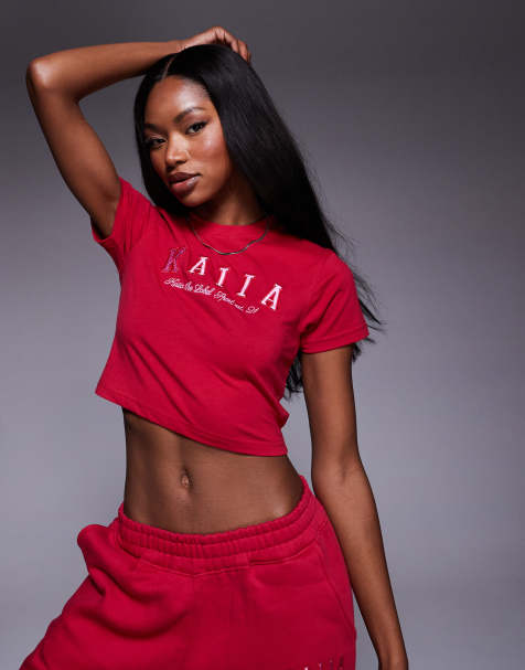 Kaiia embroidered logo baby tee in red and pink (part of a set) - view 1