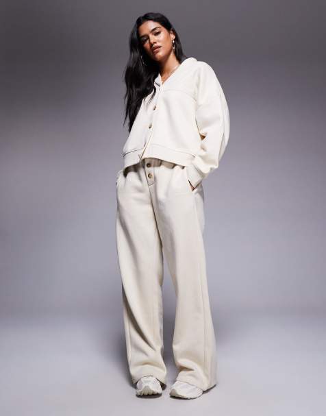 Kaiia embroidered logo button detail wide leg joggers co-ord in beige - view 1